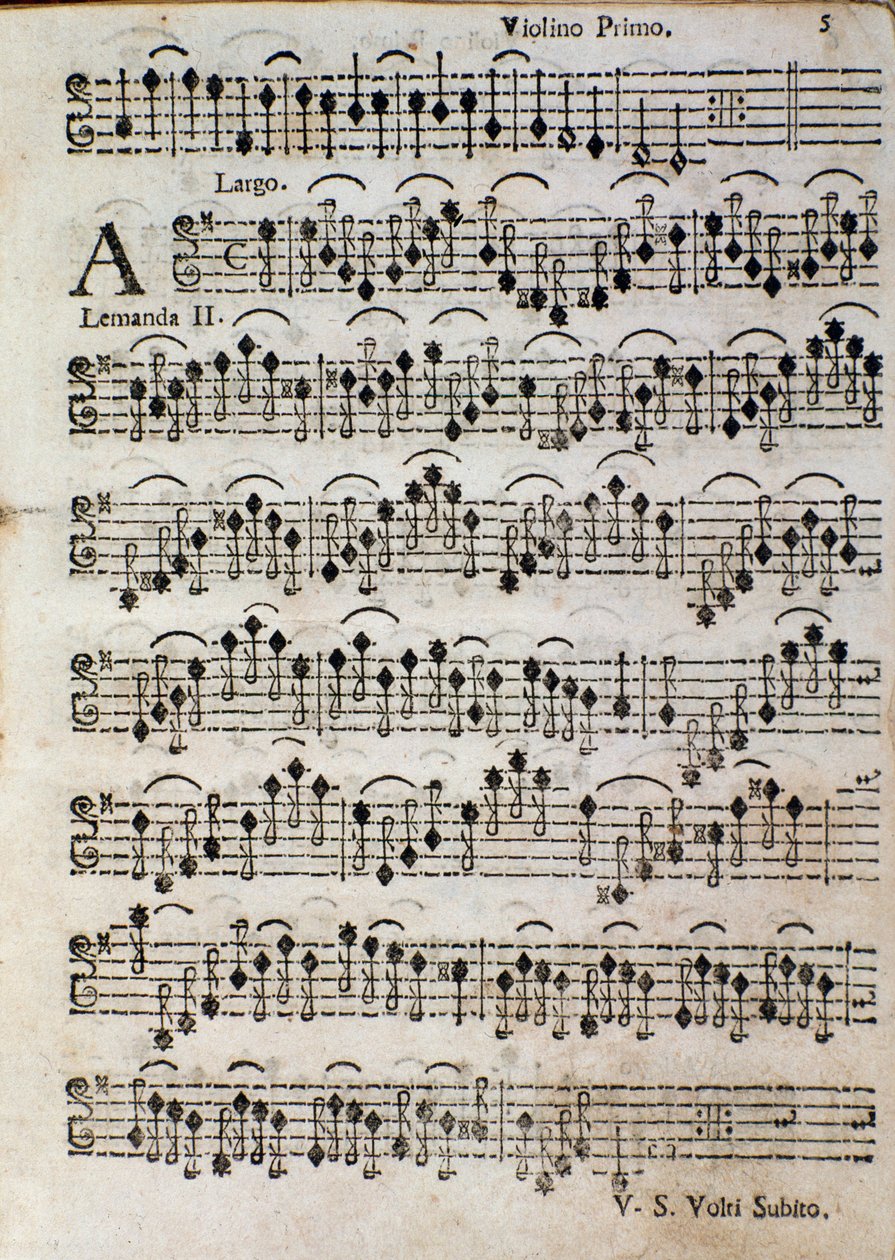 小提琴。托马索-阿尔比诺尼（1701）的《芭蕾舞曲a 3》的乐谱页。 作者 未知艺术家