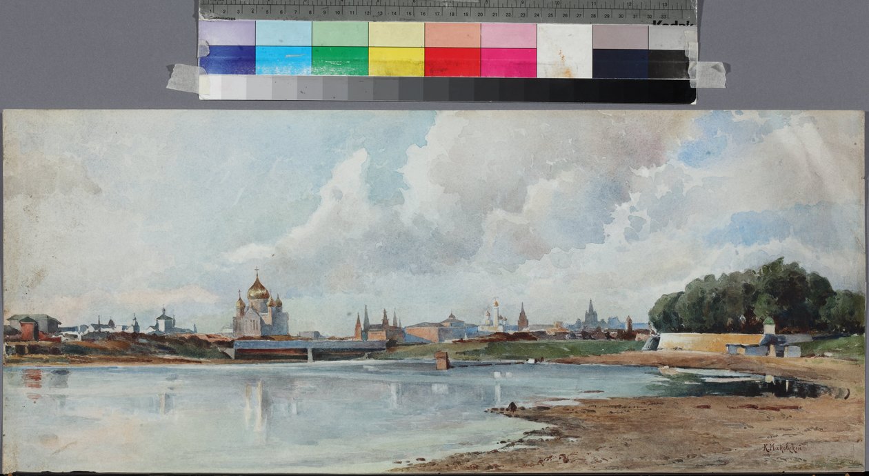 Vue de Moscou despuis le jardin Neskoutchni - 从内斯库奇花园俯瞰莫斯科，佚名。纸面水彩画，约 1880-1885 年。莫斯科普希金国家博物馆 作者 未知艺术家