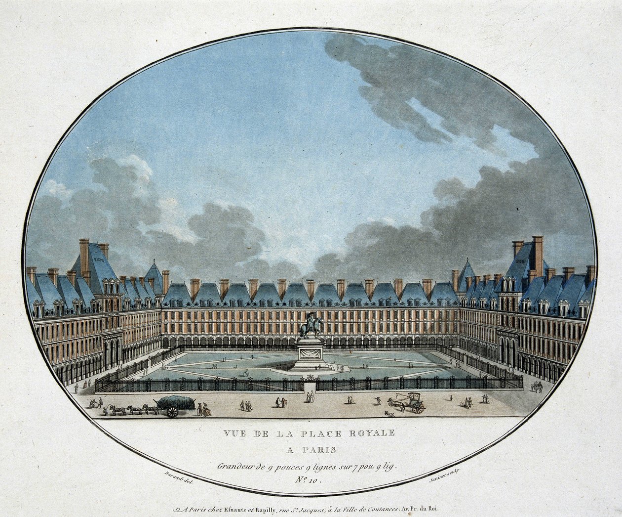 巴黎皇家广场 (Place des Vosges) 的景色。 标准差。 18 世纪雕刻。 作者 未知艺术家