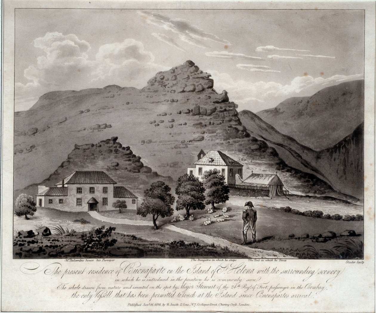 Sainte Helene (Ile Sainte-Helene) 岛的视图 19 世纪 Malmaison 的雕刻。 城堡博物馆 作者 未知艺术家