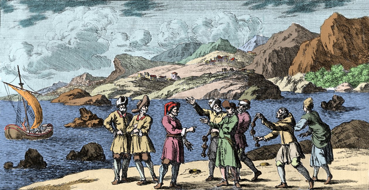 巫术和信仰：芬兰人和萨米人用三节的魔法挑起风暴。 Johann Zahn (1631-1707) 的“Mundi Mirabilis Oeconomia”版画 作者 未知艺术家