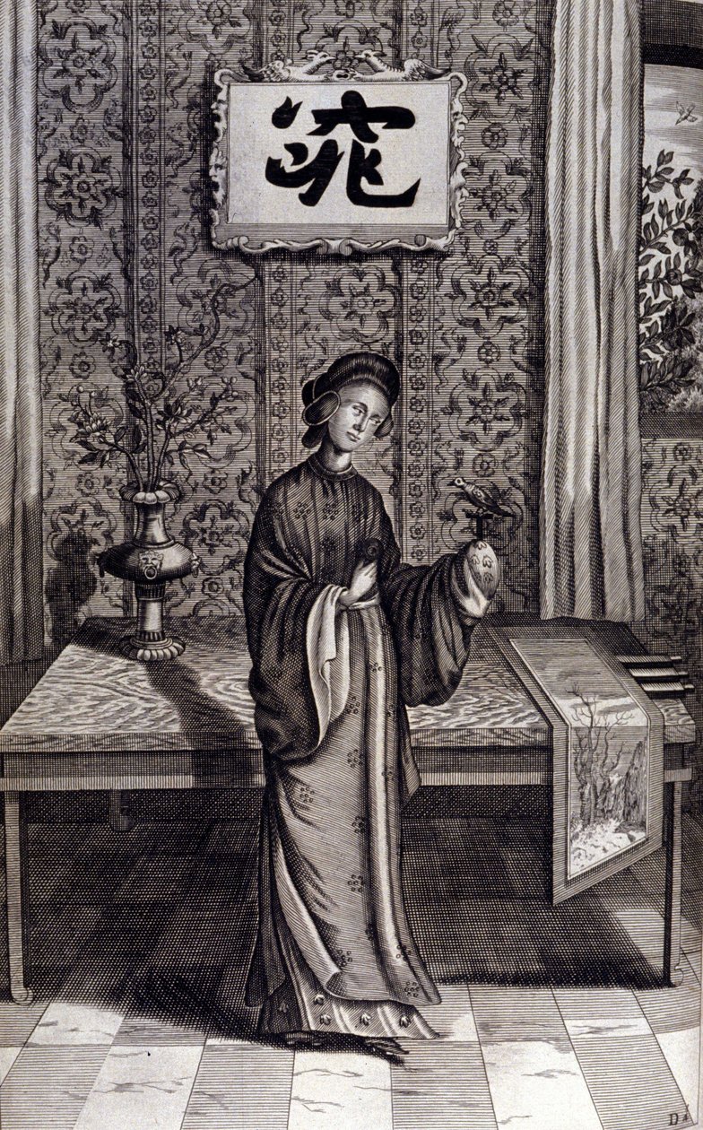 中国贵族的女人。 《德中国纪念碑》，作者 Athanasius Kircher（1601 - 1680），耶稣会士、东方学家和德国学者，阿姆斯特丹 1667。 作者 未知艺术家