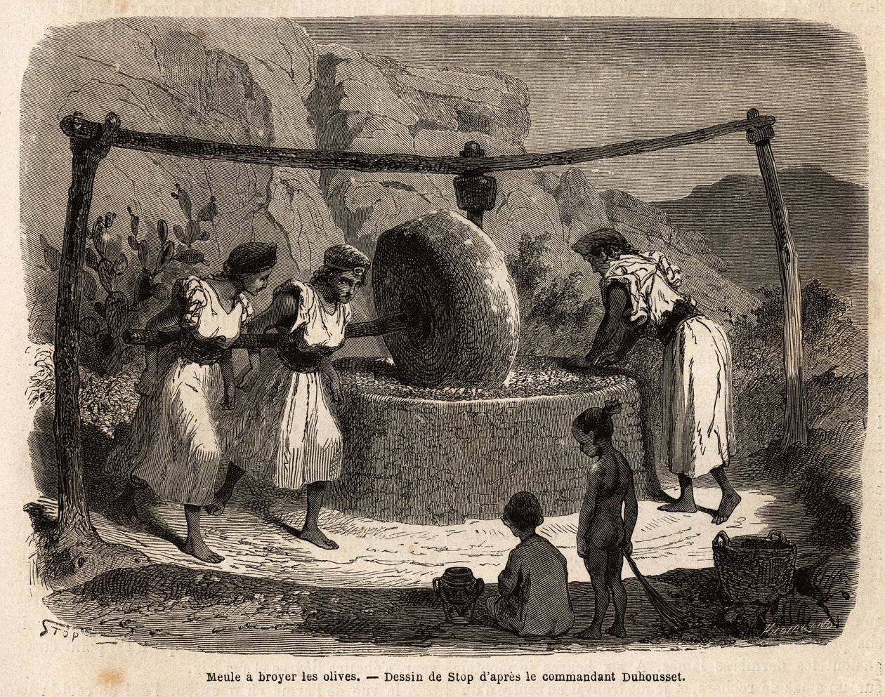 妇女的工作，碾磨橄榄，这是 Djurjura（阿尔及利亚）的主要农产品之一。 1864 年，指挥官 Duhousset 在“Le tour du mo 作者 未知艺术家