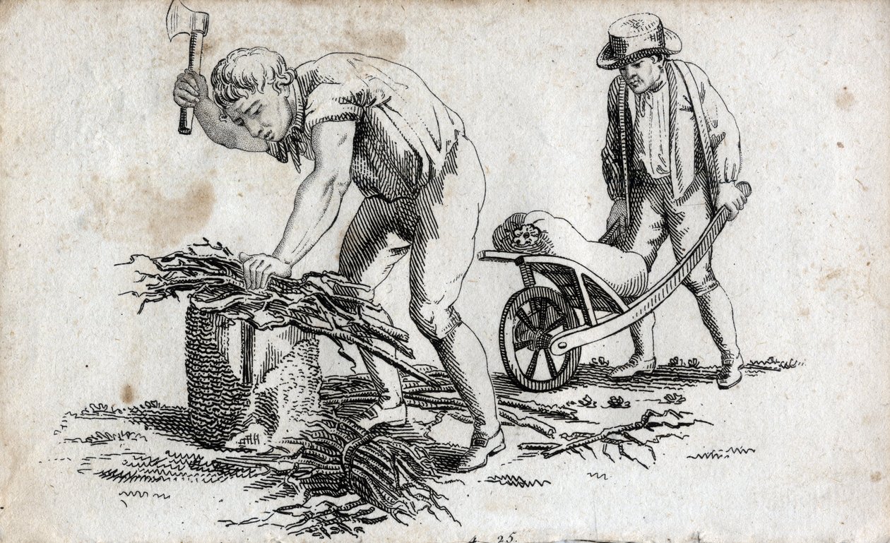 伐木工人在制作木捆，男人在手推车上搬运木捆。18世纪末的雕版画。私人收藏。 作者 未知艺术家