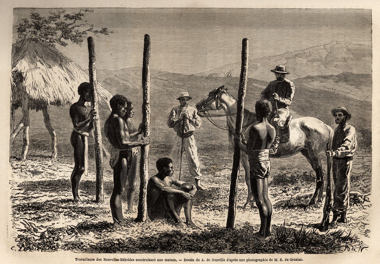 Ogwira ntchito ku New Hebrides (kapena kuyambira 1980, Republic of Vanuatu, chilumba cha Melanesia kumpoto kwa New Caledonia), akumanga nyumba, yomwe wolemba amakumana nayo paulendo wapamavalo. Engravure pour illustrrer le voyage ku la Nouvelle Caledonie, 作者 未知艺术家