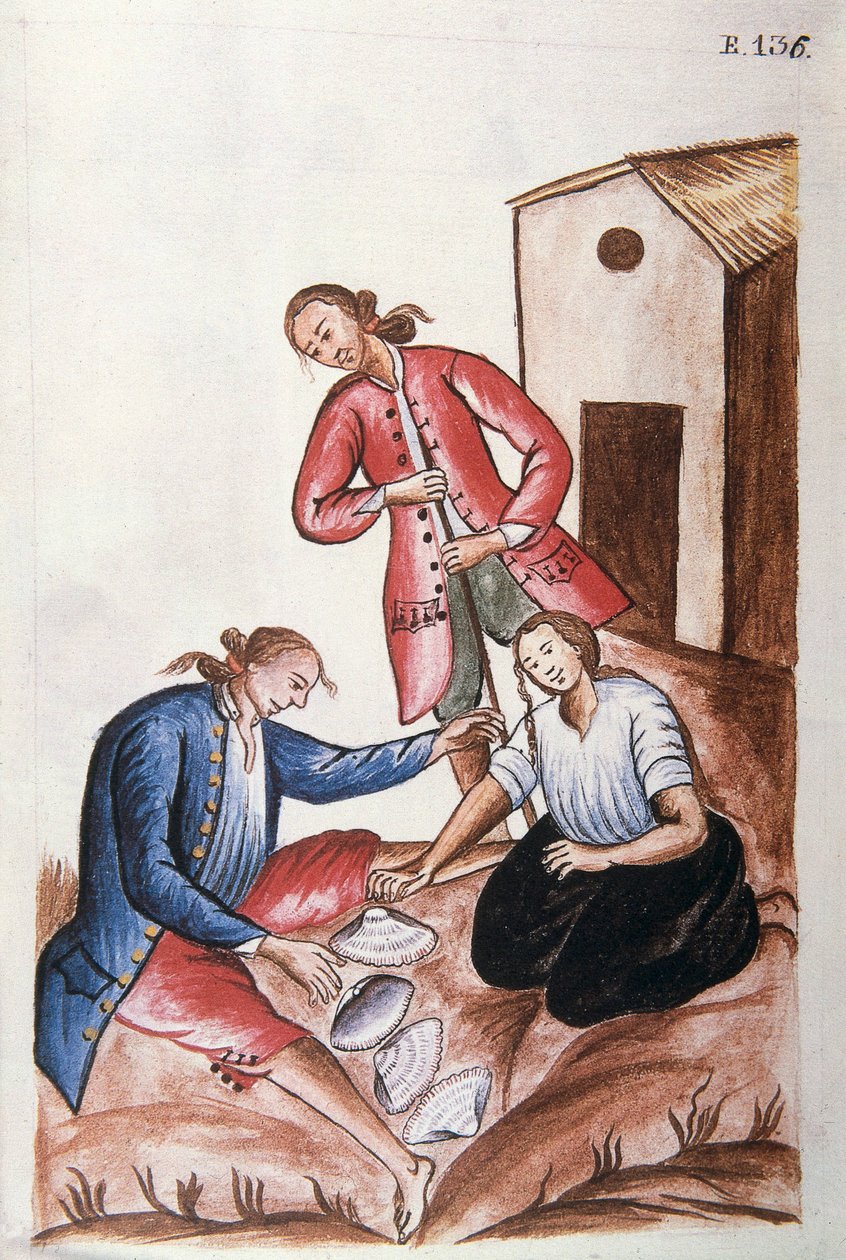 Young Indians playing the game of shells, from the book "Trujillo del Peru" or "Códice Martínez Compañón", by Baltazar Martinez Compañón y Bujanda, bishop of Trujillo (1782-1785) 作者 未知艺术家