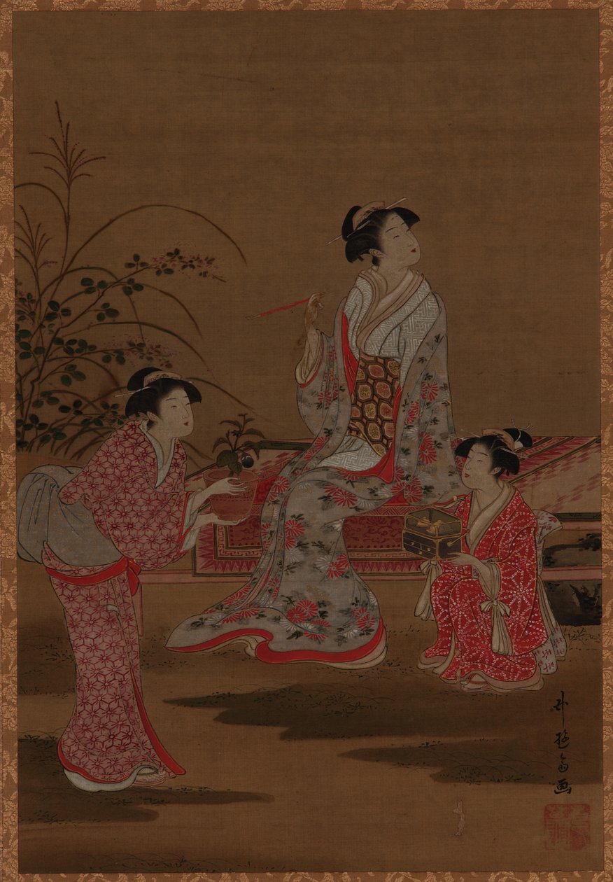 年轻的女人，和两个女孩的随从，坐在一个花园里 作者 未知艺术家