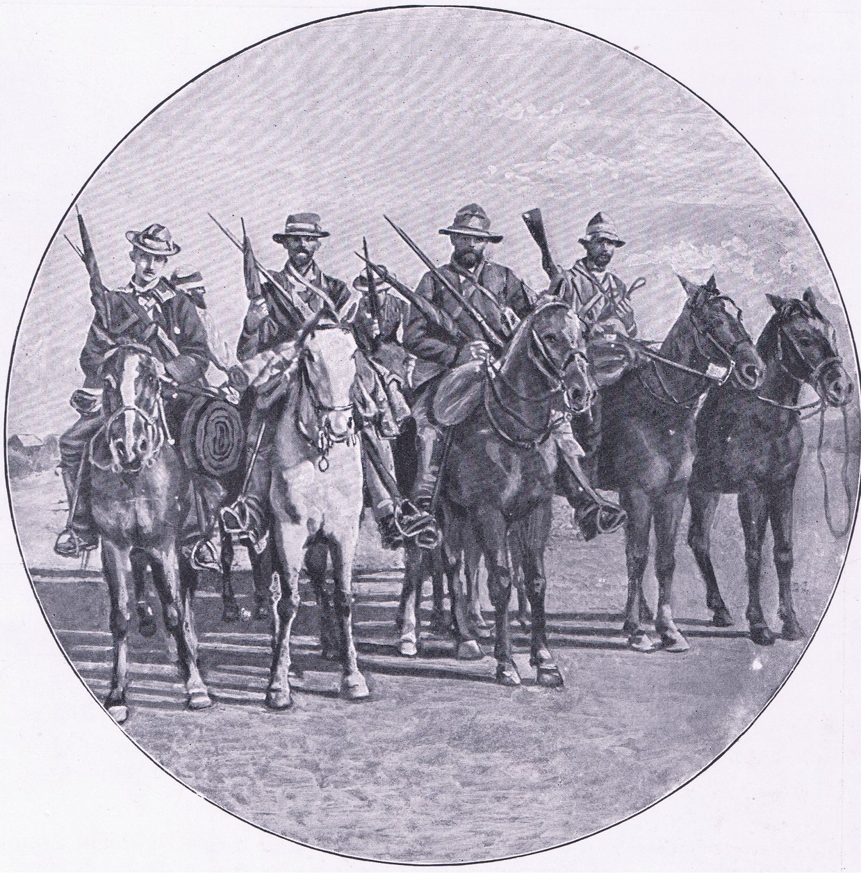 Boers armed with rifles and umbrellas, from After Pretoria: The Guerilla War published by Harmsworth Bros Limited 作者 未知的摄影师