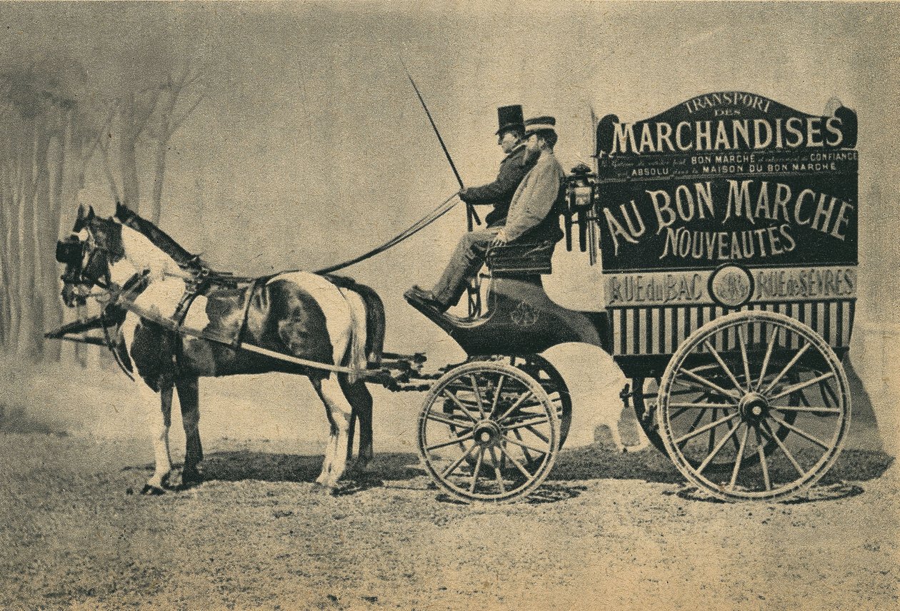 来自巴黎“Au Bon Marche”商店的送货马车，rue du Bac 和 rue de Sevres。 摄影，19 世纪后期，巴黎。 科尔。 塞尔瓦。 作者 未知的摄影师