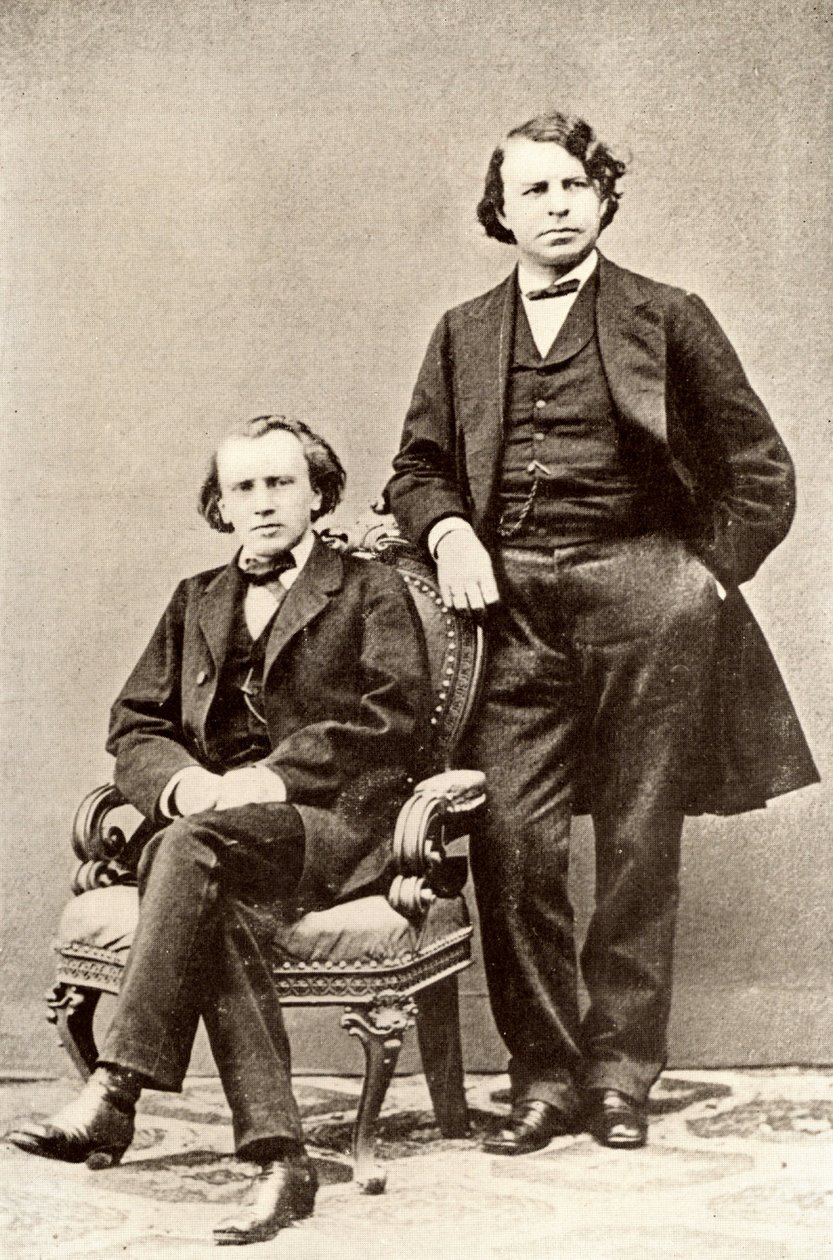 约翰内斯-勃拉姆斯（1833-1897 年），德国作曲家，与约瑟夫-约阿希姆（1831-1907 年），匈牙利小提琴家、作曲家，柏林音乐学院院长，合影。照片（印刷品）的半色调 作者 未知的摄影师