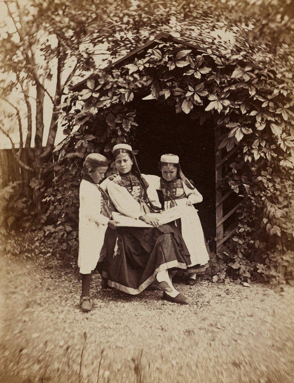 "La Foret Noire - etudes, impressions  voyages sur les bords du Rhin"：身着黑森林传统服装的妇女和两个孩子的肖像 作者 未知的摄影师