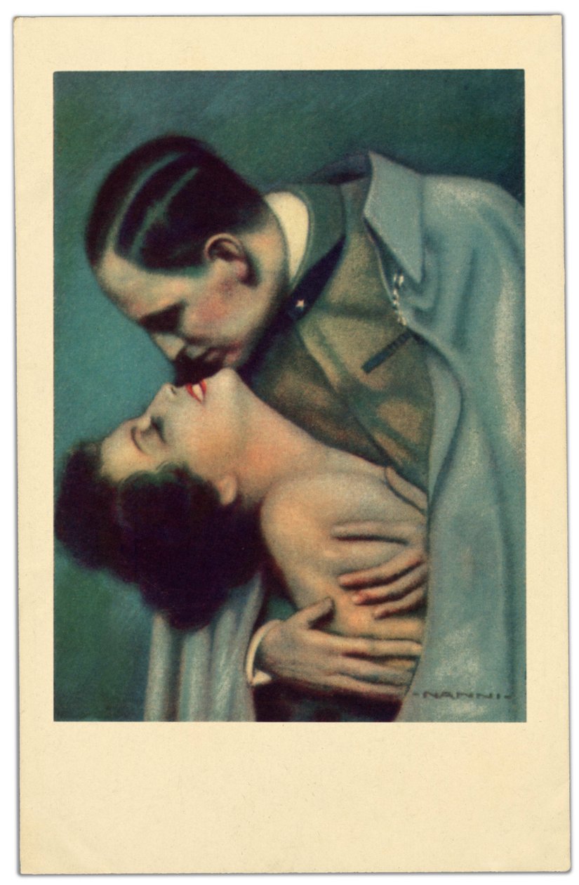 热情拥抱爱人的军人。明信片，约 1917 年 作者 未知的摄影师