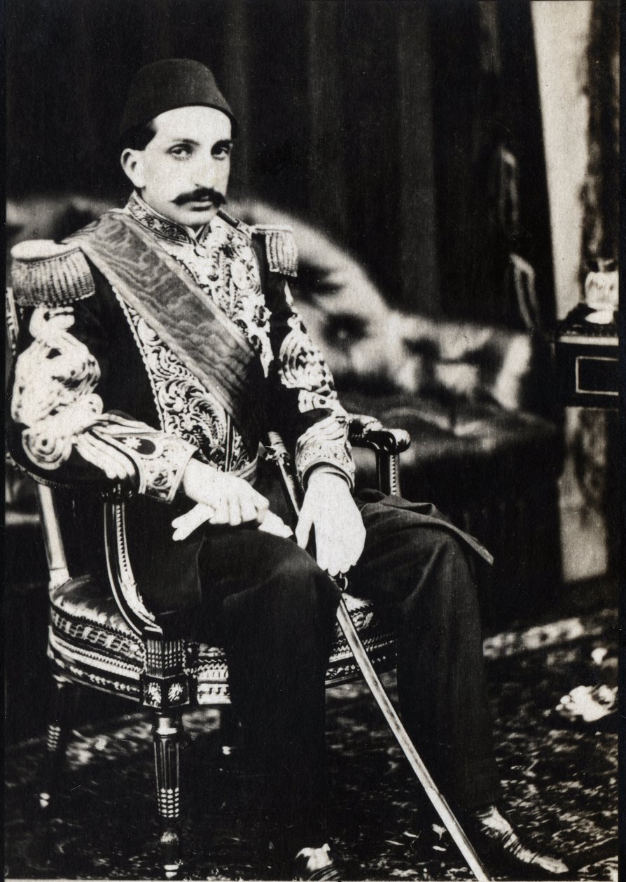 奥斯曼帝国苏丹阿卜杜勒哈米德二世（1842-1918）的肖像（黑白照片）。 作者 未知的摄影师