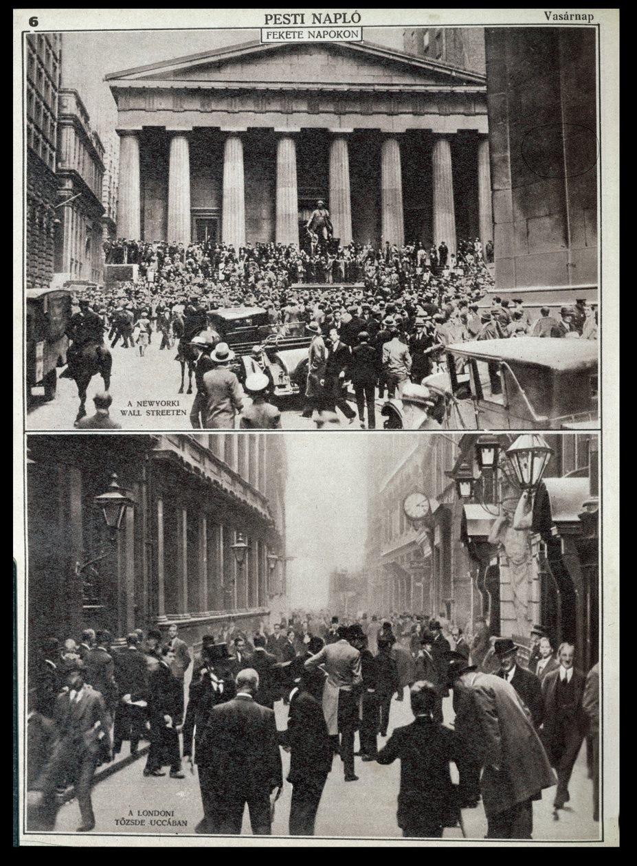 上图：华尔街的黑色岁月；下图：1929 年大崩盘时的伦敦证券交易所，选自《Pesti Naplo 作者 未知的摄影师