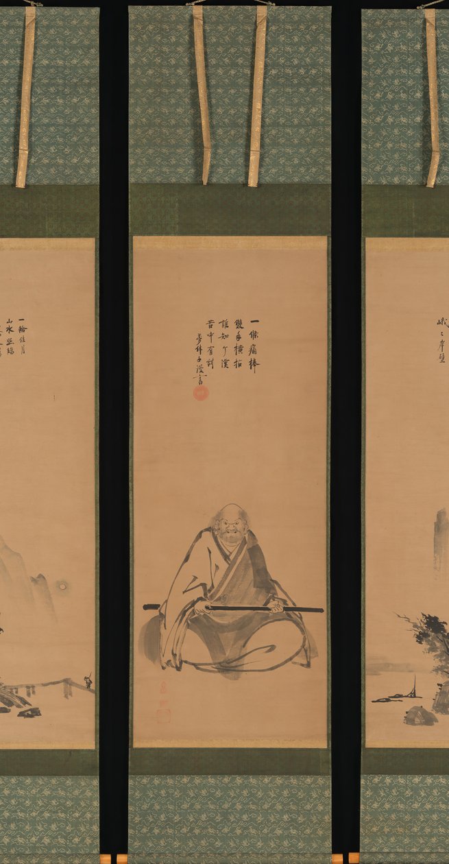 带着冥想杖的禅师和中国风格的风景画，可能是1620年代末至1644年。 作者 远国远树