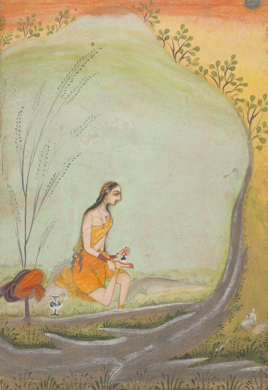 一位女士在她的脚上涂抹Henna，约1720-30。 作者 乌斯塔德·穆罕默德