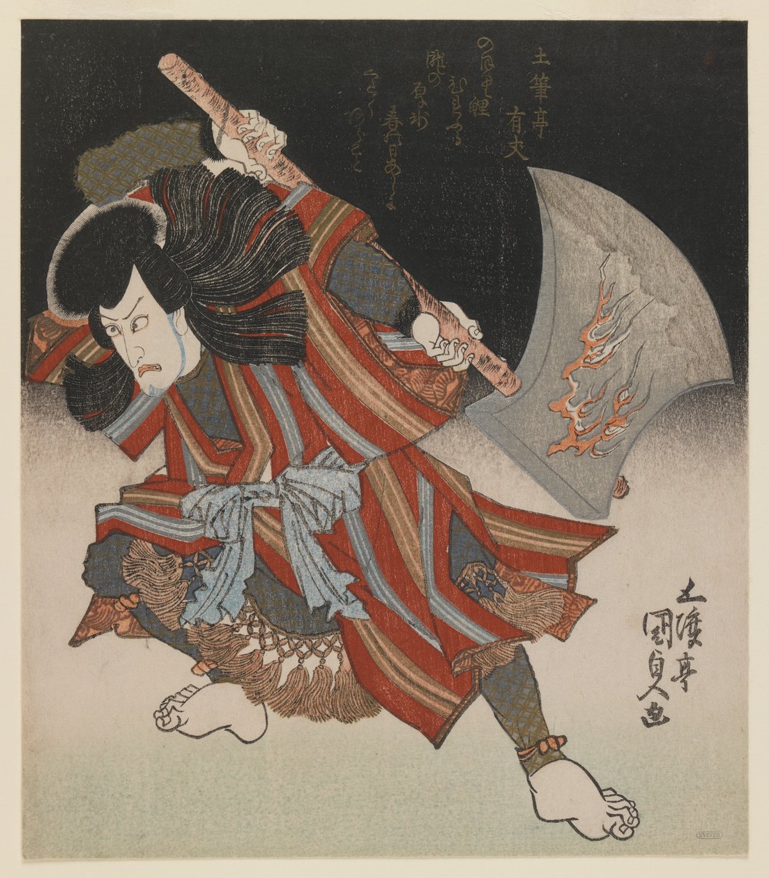 IchikawaDanjûrô作为UnnoKotarôYukiuji（伪装成YamagatsuBuô），来自Ichmuraza剧院的Kamoise，1828年（木版画，shikishiban格式（右三联画），豪华印刷 作者 歌川1786 1864国定