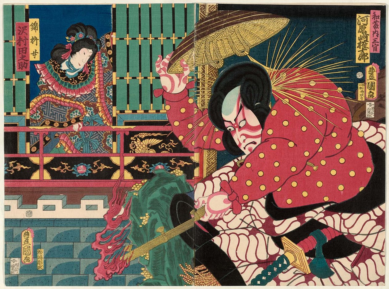 演员Kawarazaki Gonjuro I as Watonai Sankan R和Sawamura Tanosuke III饰演Kinshojo L 作者 歌川国贞