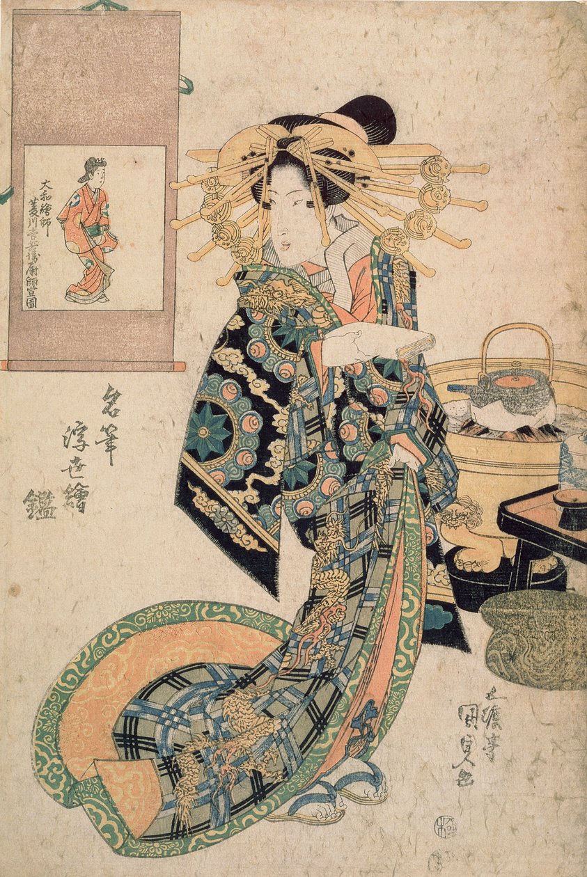 妓女比作Moronobu的一幅画，来自“浮世绘的镜子笔”系列，1830年（彩色木版画） 作者 歌川国贞
