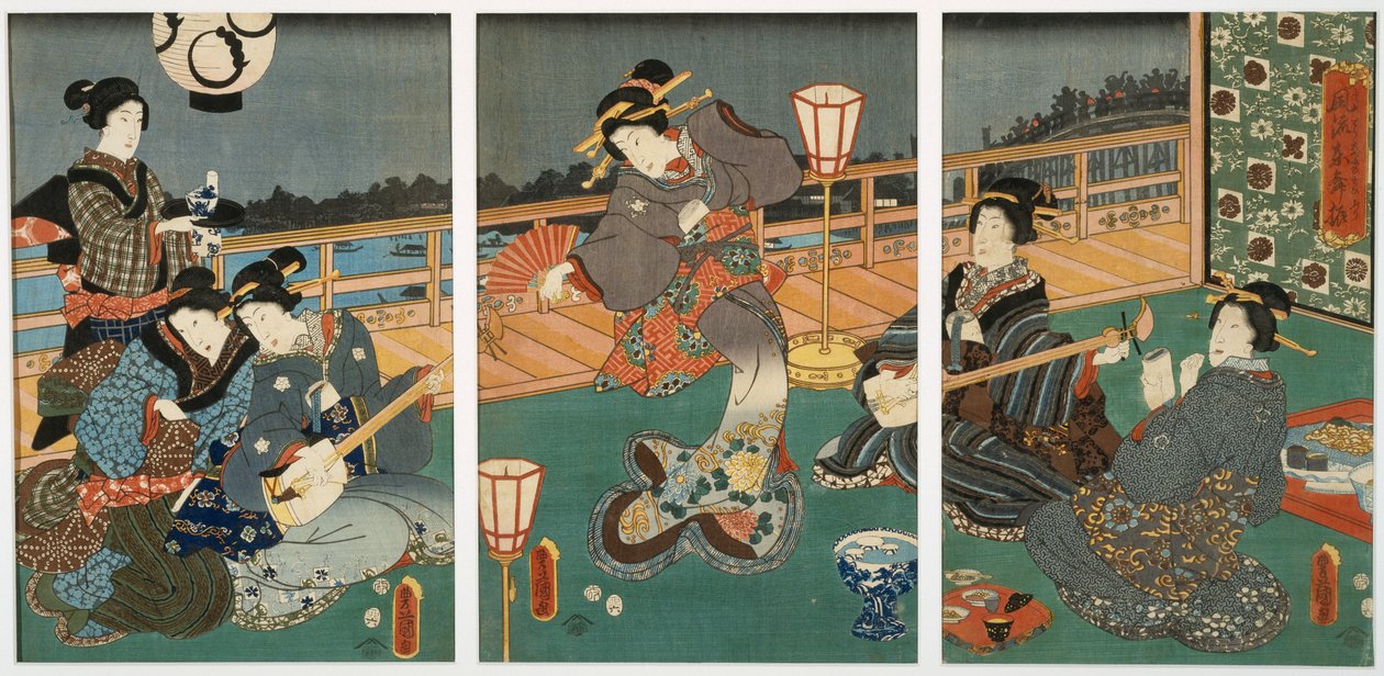 妓女娱乐，三联画，19世纪中叶（桑树上的木版画） 作者 歌川国贞