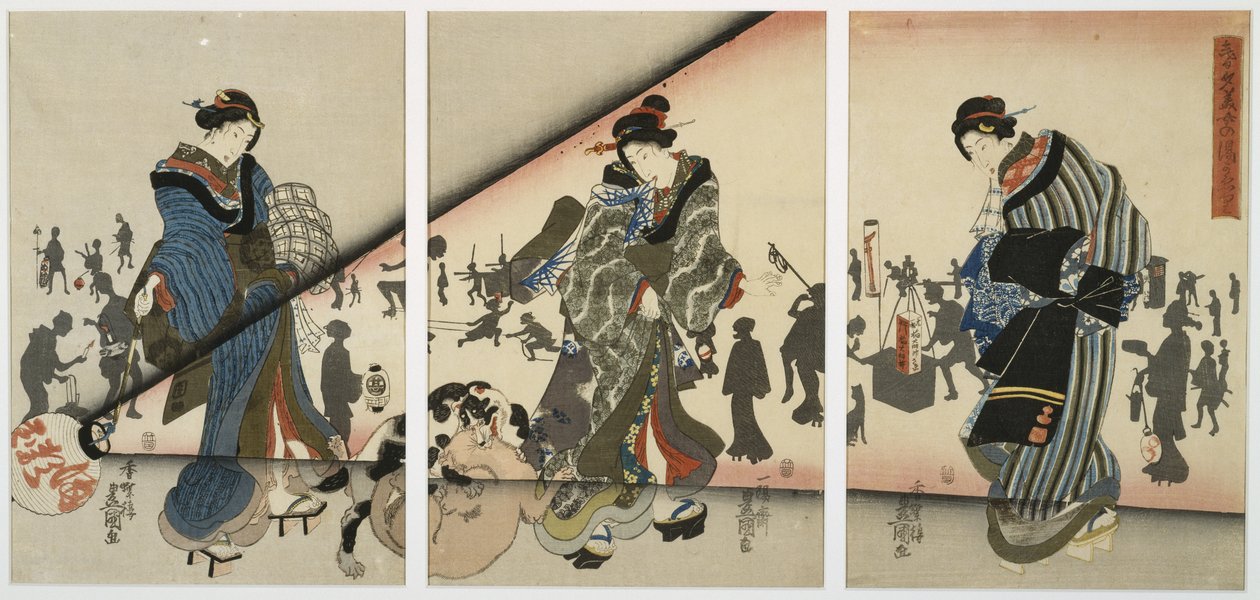 女孩，动物和灯笼的夜景，19世纪中叶（木版画，三联画） 作者 歌川国贞