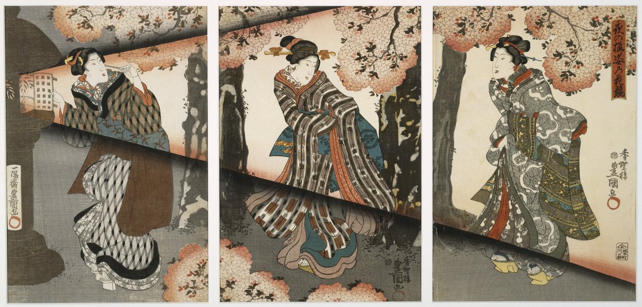女孩和灯笼的夜景，19世纪中叶（木版画，三联画） 作者 歌川国贞
