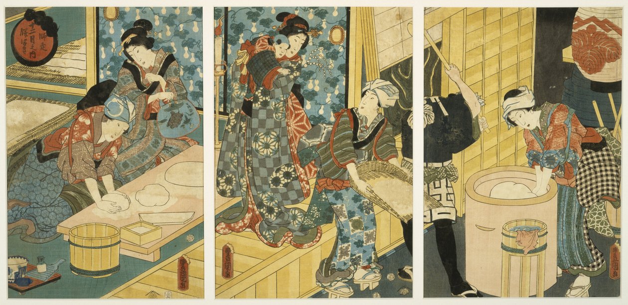 新年的准备工作（Pounding Mochi），19世纪中叶（木版画，三联画） 作者 歌川国贞