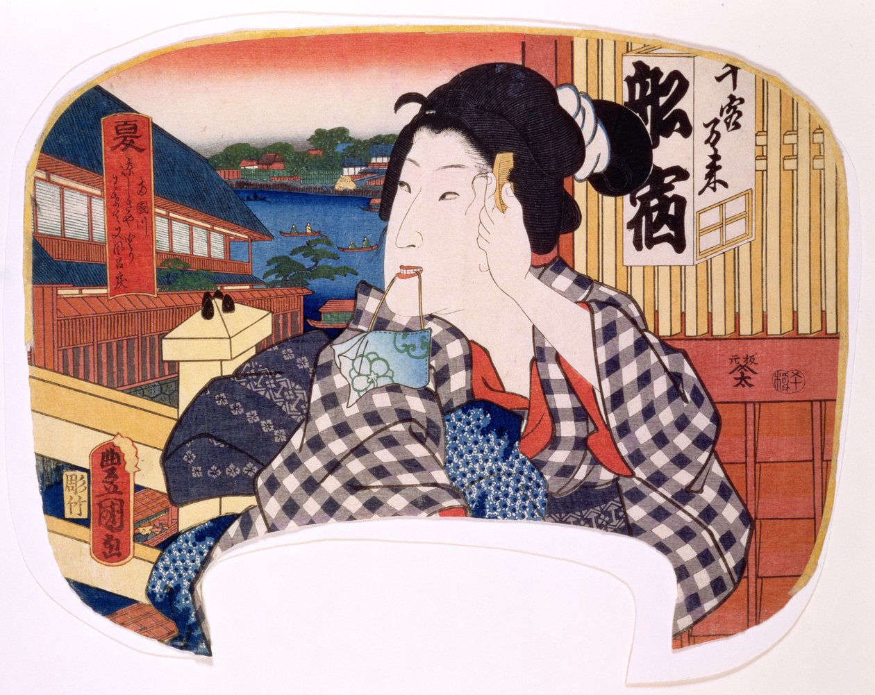 夏天，Ryoguku的河流;一位艺妓梳理她的头发，设计了四个风扇，用四季说明季节，1858年（木版画） 作者 歌川国贞
