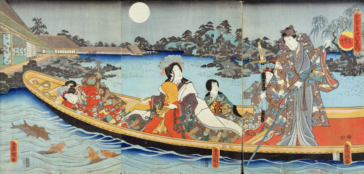 三联画描绘了一位王子，公主和宫廷女士们在六月的满月下在花园池塘里划船，可能来自“源氏物语”，1849-50（彩色木版画） 作者 歌川国贞