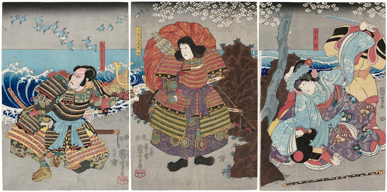 演员Iwai Kumesaburo III为Tamaori-hime R，Ichikawa Saruzo I为Mukan Dayu Atsumori C，Ichikawa Ebizo V为Kumagai Jiro Naozane L 作者 歌川国义
