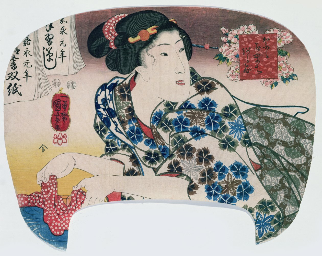 女孩洗一个图案的布，从&39;七Kokachi&39;，酒吧。 1848年（彩色木版画） 作者 歌川国义
