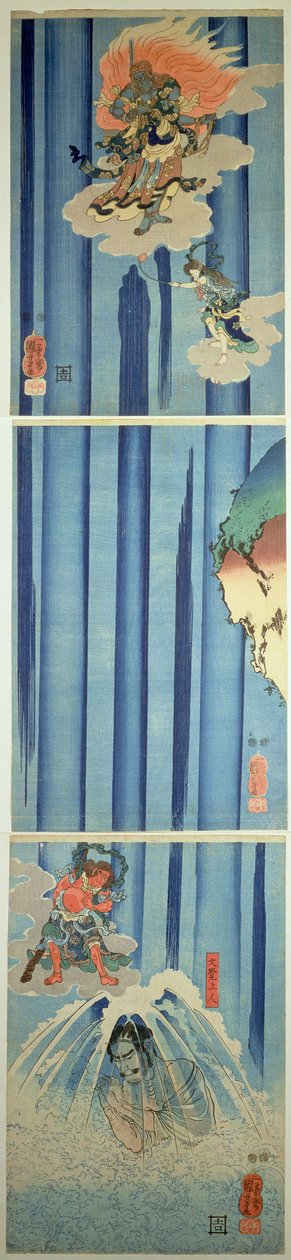瀑布下的Mongaku Shonin，c.1851（垂直三联画） 作者 歌川国义