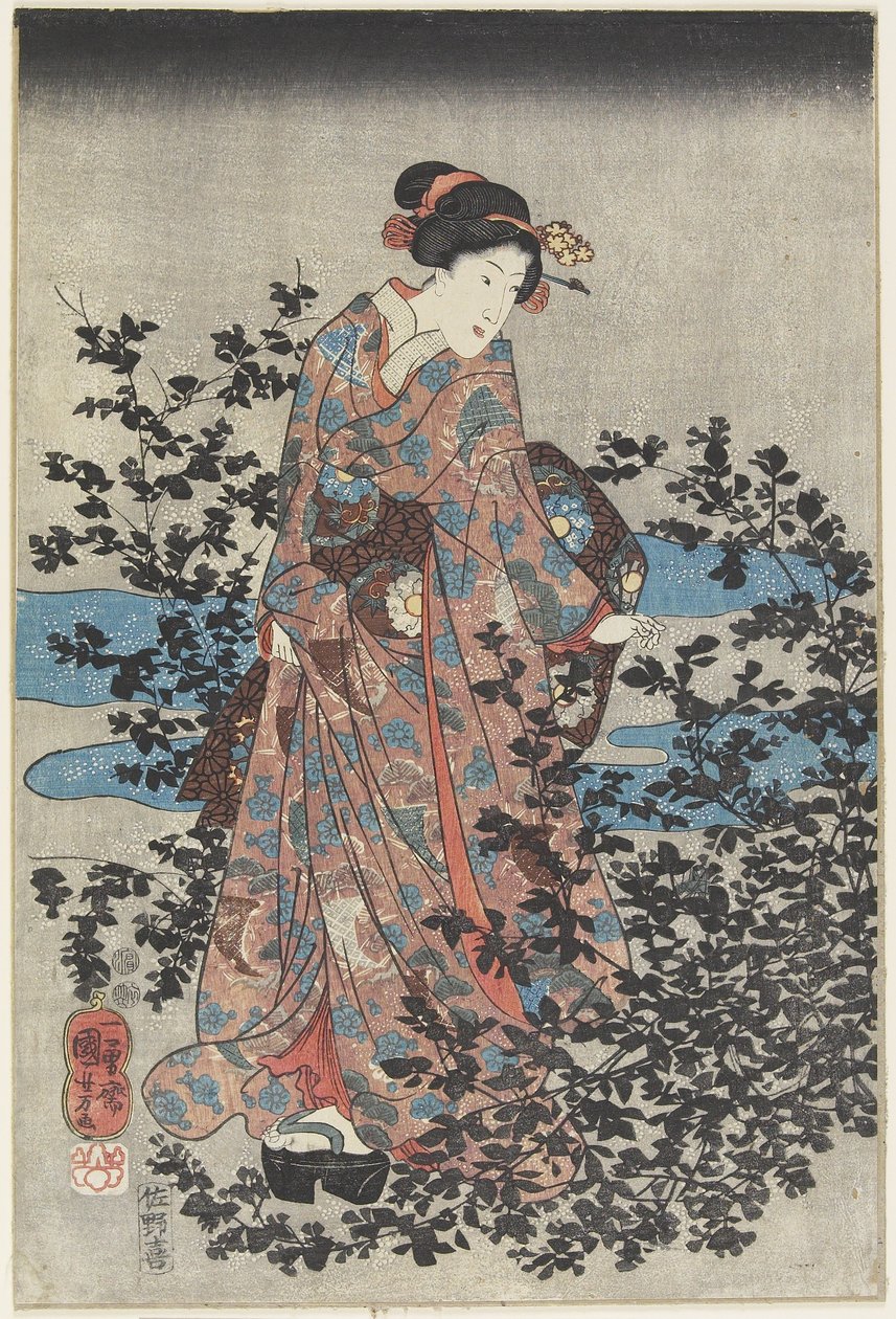 与美丽和布什三叶草的夜景，1847-1852 作者 歌川国义