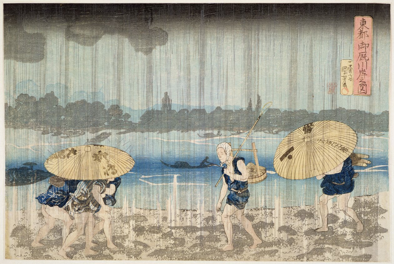 在江户的Ommaya堤岸的隅田川河畔淋浴，1834年（木版画） 作者 歌川国义