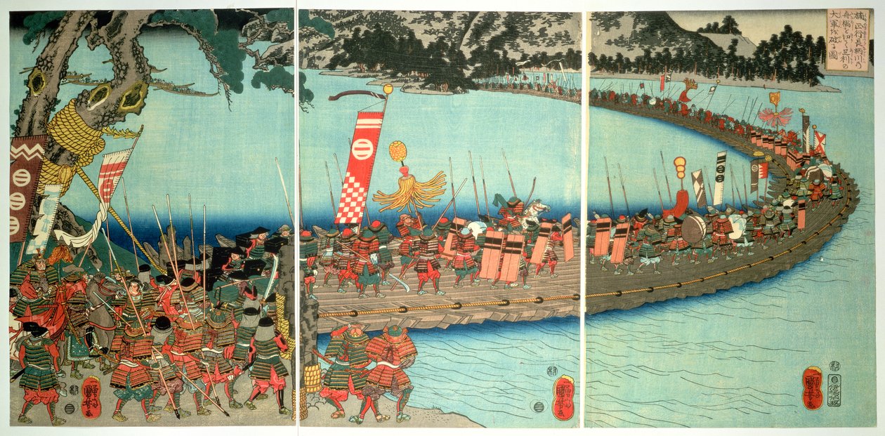 在长崎县战役的船桥，1844年，（彩色木版画） 作者 歌川国义