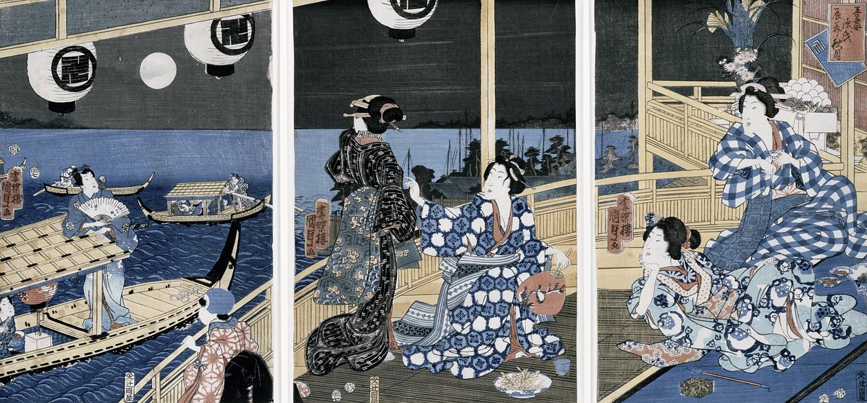 福川（游乐区）的秋天的月亮，来自东方之都（江户）1856年（彩色木版画） 作者 歌川贞秀