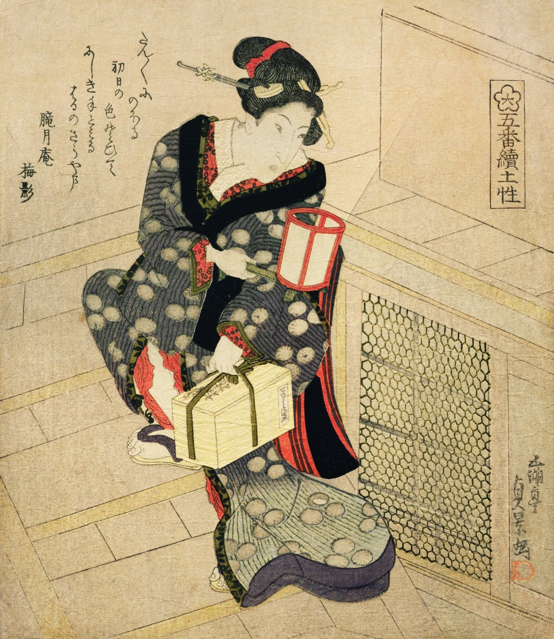爬楼梯的妇女拿着一盏灯和箱子（颜色木刻印刷品） 作者 歌川贞德