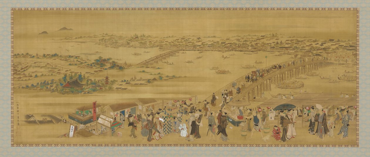 江户时代的两国桥（丝绸上的颜色和金色） 作者 歌川丰治