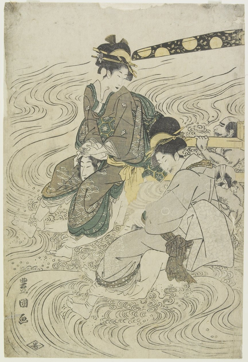 （两个女人穿着小人的肩膀穿过河流） 作者 歌川丰国