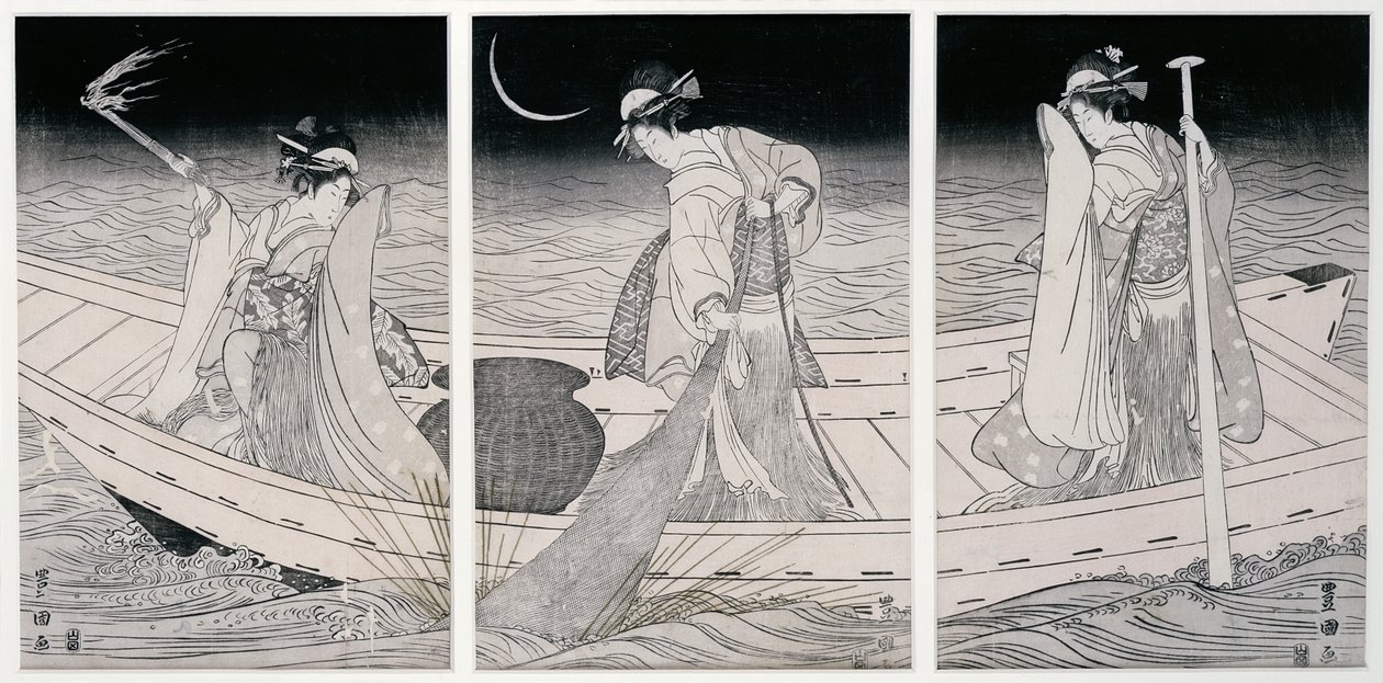 三个女人在船上钓鱼灯（木版画） 作者 歌川丰国
