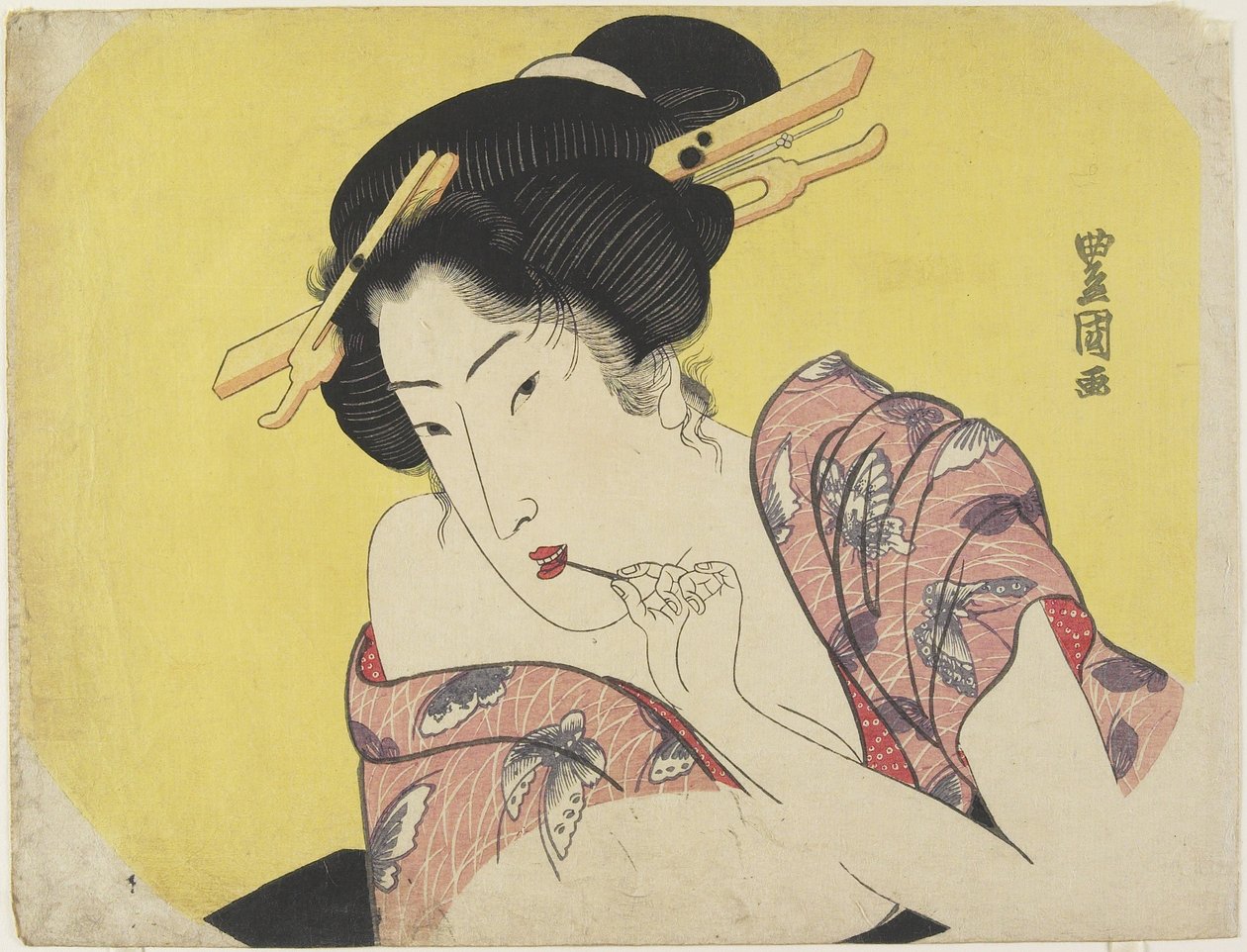 使用牙签的女人，c.1820（彩色木版画） 作者 歌川丰国