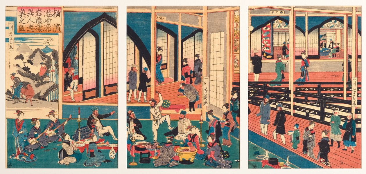 外国人在1861年1月在横滨的Miyosaki的Gankiro娱乐（woodblock） 作者 歌川义和