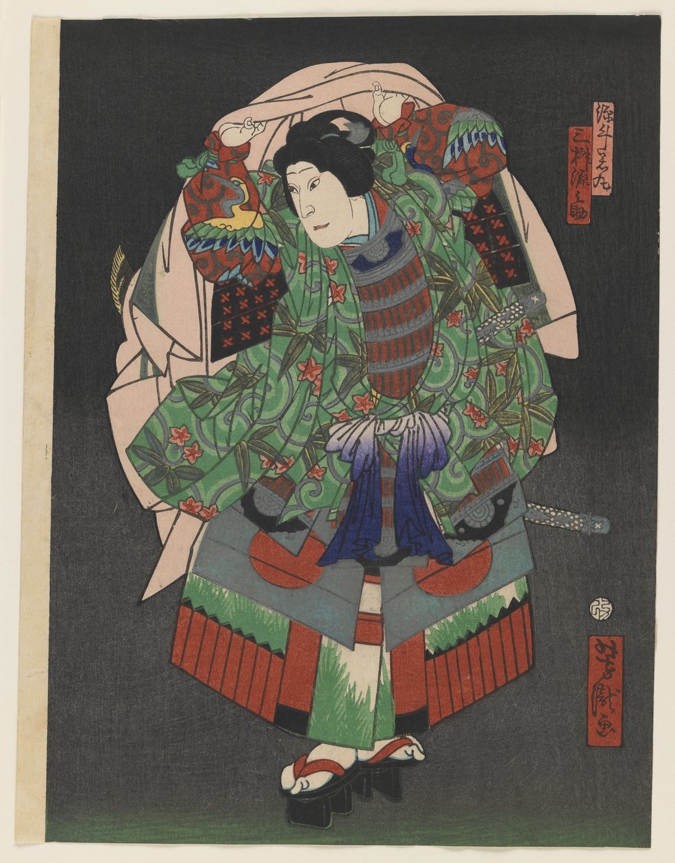 大阪歌舞伎演员Gennosuke III，1868年（彩色木版画，银色和黄铜在纸上） 作者 歌川义明