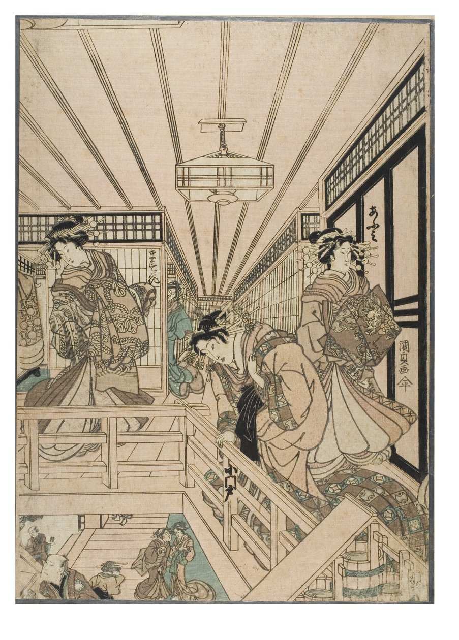 新吉原场景（三联画）。吉原地区的妓院内部与歌妓和顾客，约 1830-1843 年（纸面木版画） 作者 歌川（1786-1865）国定