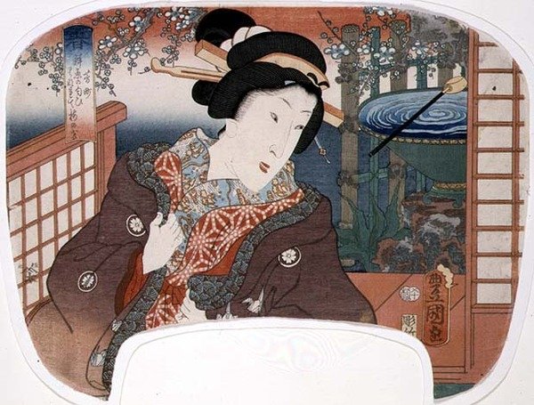 春天，吉町；花园里的艺妓，一套四把扇子的设计，说明了季节的变化。 作者 歌川国贞