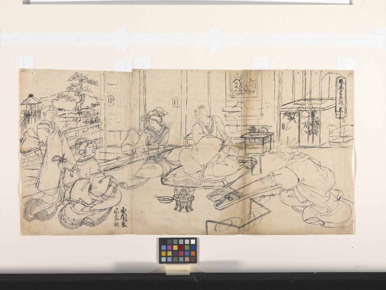 四绝（琴、棋、书、画）：音乐（古筝）（纸上墨迹） 作者 歌川（1786-1865）国定