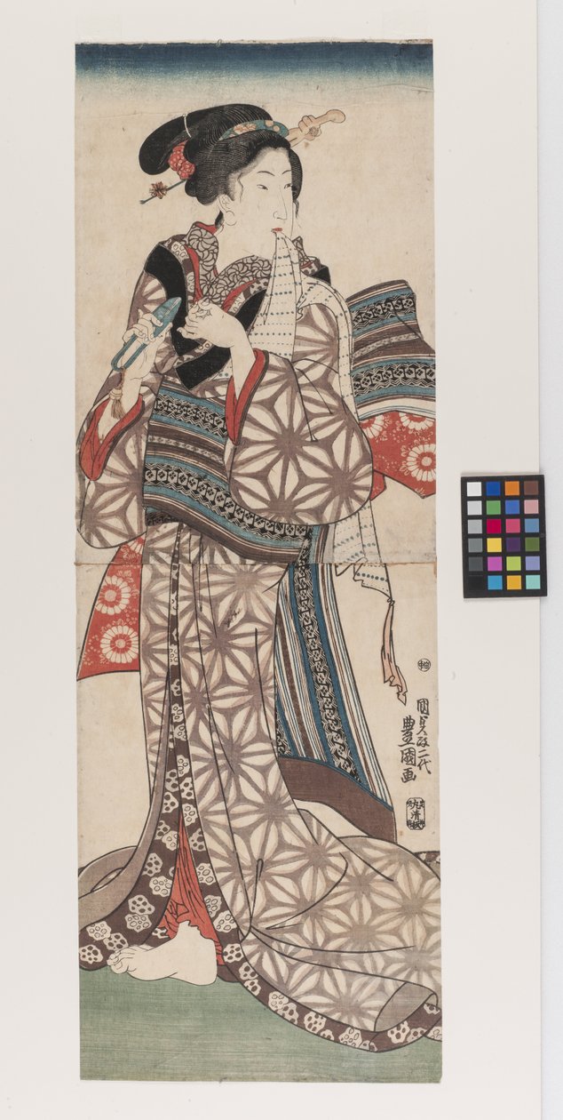 修剪指甲的女人，约 1845 年（署名；见馆长说明）（彩色木刻版画） 作者 歌川 (1786-1865) 国贞