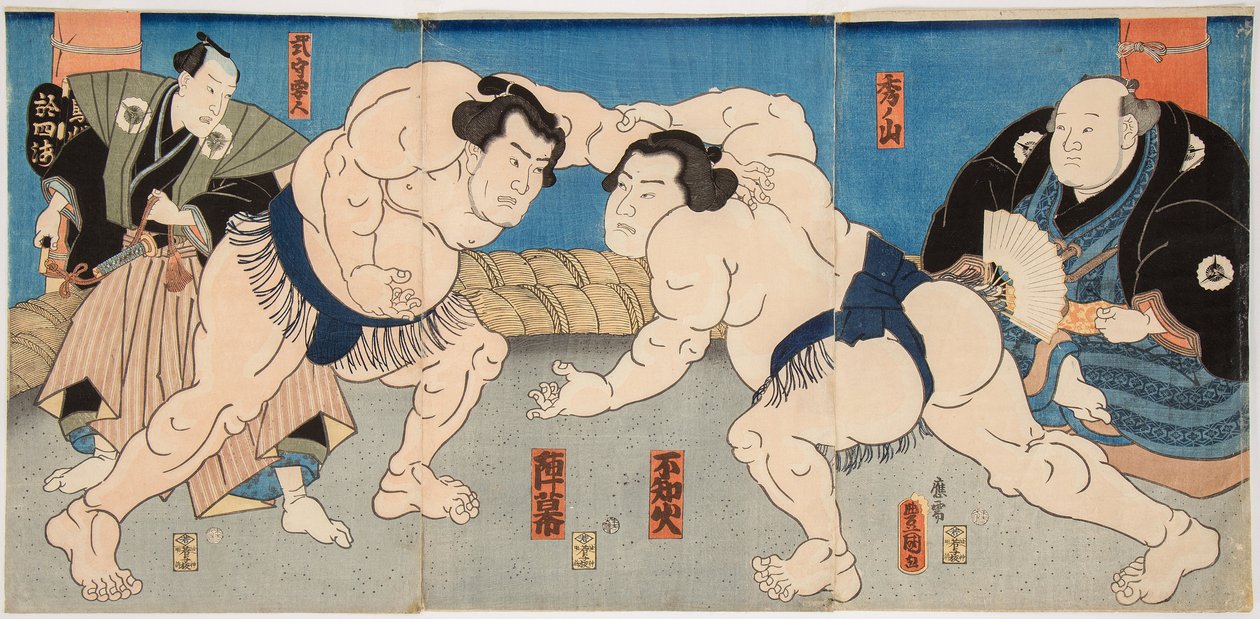 不知火和神马相扑战士。 Estampe de Utagawa Kunisada (1786-1865), vers 1860 - 摔跤比赛不知火 vs 神幕，由国定（丰国三世），歌川（1786-1865）。 彩色木刻 作者 歌川国贞