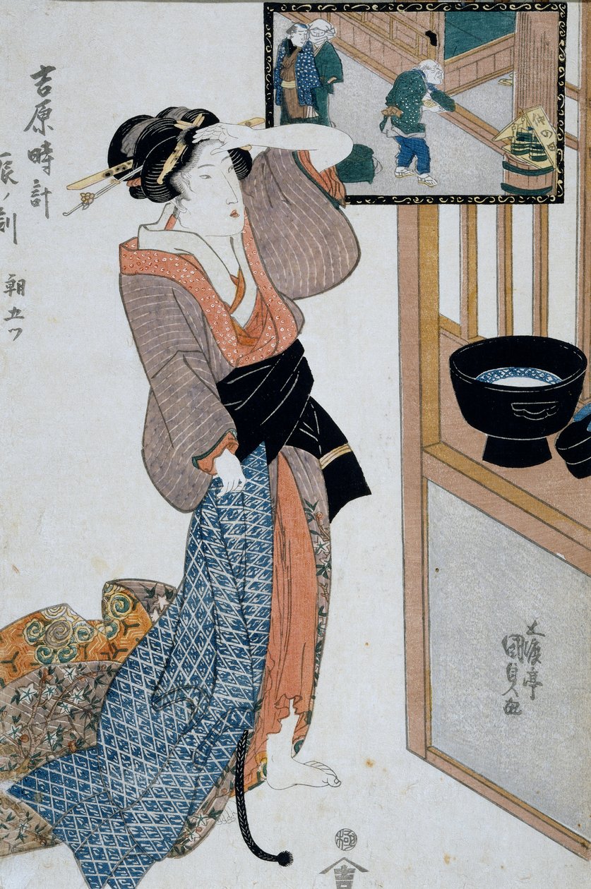 虎时，早晨第七个小时，约1818年，浮世绘艺术印刷品，由宇多川国忠（1786-1865）创作，选自《吉原的十二个小时》，Oban-tate-e木刻，37x24.9厘米，日本文明 作者 歌川国贞