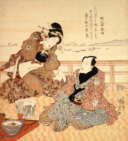 大江菊五郎三世在品川喝茶，约1825年（彩色木版画）（另见282741）。 作者 歌川国贞
